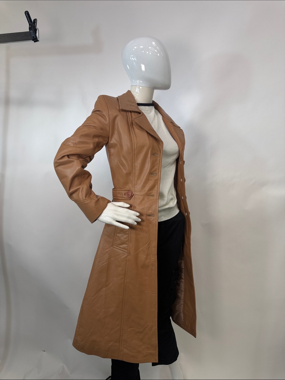 Long Faux Leather Trench Coat in Camel